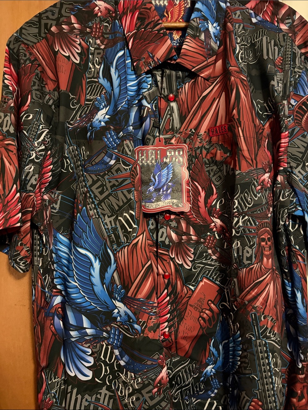 Bold Red & Blue Graphic Button-Down Shirt - Casual Mens Style